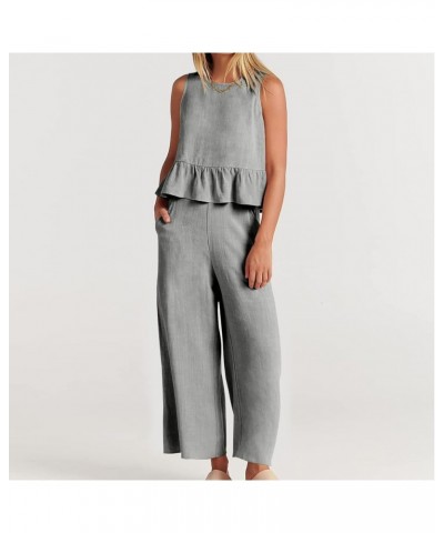 2 Piece Outfits for Women Summer Linen Tank Crop Tops Wide Leg Pants Sets Dressy Vacation Outfits with Pockets F-gray $7.79 A...