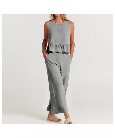 2 Piece Outfits for Women Summer Linen Tank Crop Tops Wide Leg Pants Sets Dressy Vacation Outfits with Pockets F-gray $7.79 A...