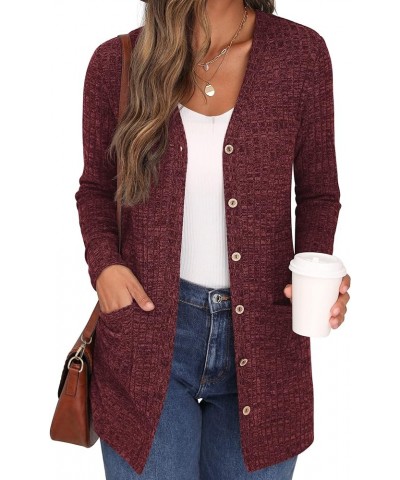 Women's Long Sleeve Open Front Cardigan Button Down Ribbed Lightweight Knit Outerwear with Pocket 03 Wine Red $19.26 Sweaters