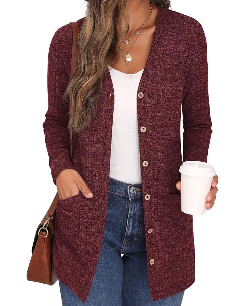 Women's Long Sleeve Open Front Cardigan Button Down Ribbed Lightweight Knit Outerwear with Pocket 03 Wine Red $19.26 Sweaters