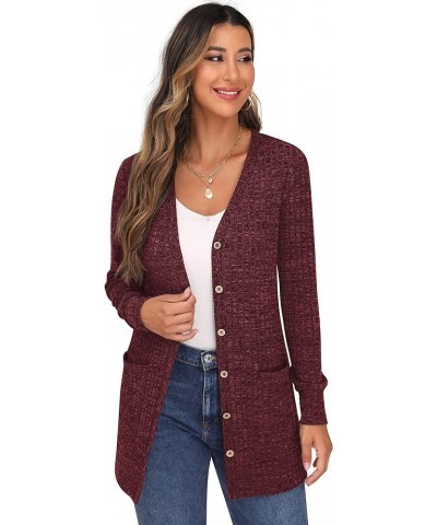 Women's Long Sleeve Open Front Cardigan Button Down Ribbed Lightweight Knit Outerwear with Pocket 03 Wine Red $19.26 Sweaters