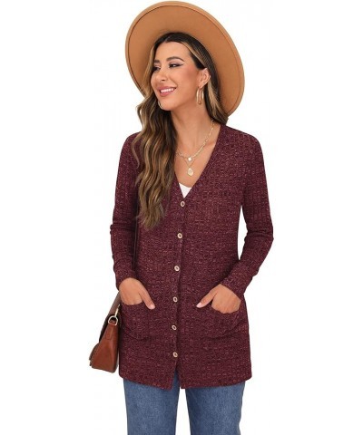 Women's Long Sleeve Open Front Cardigan Button Down Ribbed Lightweight Knit Outerwear with Pocket 03 Wine Red $19.26 Sweaters