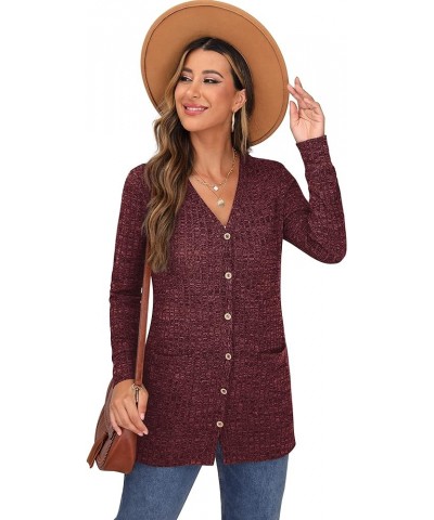 Women's Long Sleeve Open Front Cardigan Button Down Ribbed Lightweight Knit Outerwear with Pocket 03 Wine Red $19.26 Sweaters