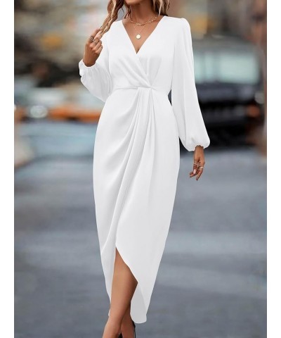 Women's Puff Long Sleeve V Neck Ruched Slit Satin Dress Formal Wedding Silk Maxi Wrap Bodycon Fall Dresses 2024 Solid White $...