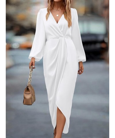 Women's Puff Long Sleeve V Neck Ruched Slit Satin Dress Formal Wedding Silk Maxi Wrap Bodycon Fall Dresses 2024 Solid White $...