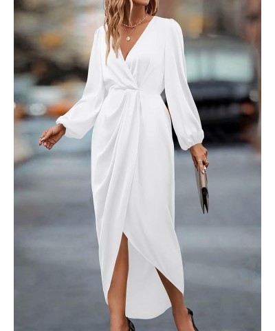 Women's Puff Long Sleeve V Neck Ruched Slit Satin Dress Formal Wedding Silk Maxi Wrap Bodycon Fall Dresses 2024 Solid White $...