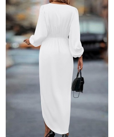 Women's Puff Long Sleeve V Neck Ruched Slit Satin Dress Formal Wedding Silk Maxi Wrap Bodycon Fall Dresses 2024 Solid White $...