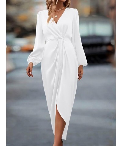 Women's Puff Long Sleeve V Neck Ruched Slit Satin Dress Formal Wedding Silk Maxi Wrap Bodycon Fall Dresses 2024 Solid White $...