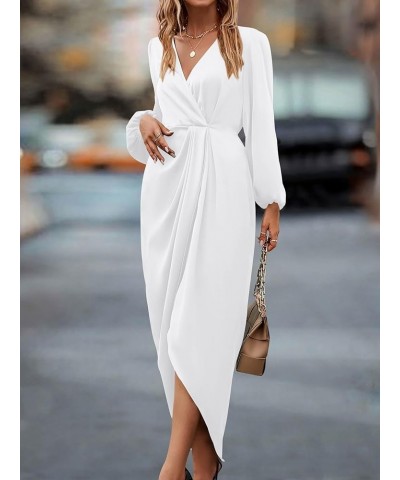 Women's Puff Long Sleeve V Neck Ruched Slit Satin Dress Formal Wedding Silk Maxi Wrap Bodycon Fall Dresses 2024 Solid White $...