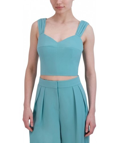 Women's Sweetheart Neck Sleeveless Shirred Strap Crop Top Turquoise $37.39 Tanks