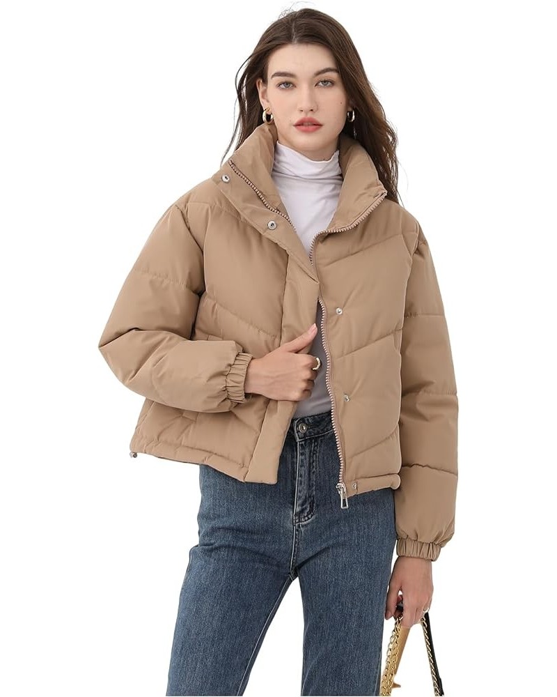 Women's Cropped Puffer Jacket Winter Stand Collar Zip Up Short Quilted Jacket Lightweight Padded Warm Outerwear Coat Khaki $1...