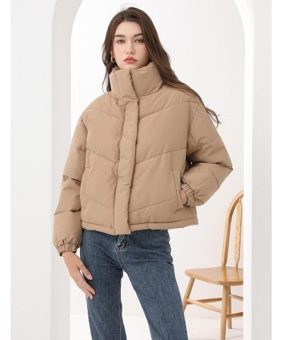 Women's Cropped Puffer Jacket Winter Stand Collar Zip Up Short Quilted Jacket Lightweight Padded Warm Outerwear Coat Khaki $1...