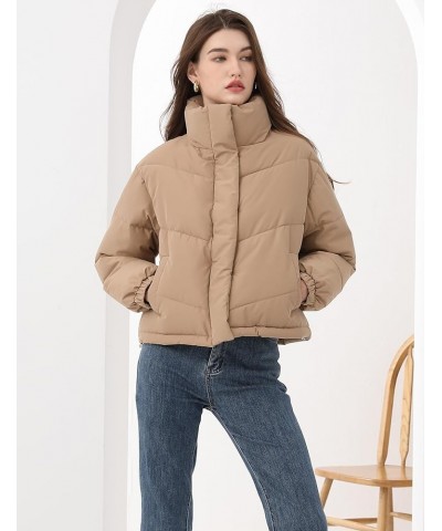 Women's Cropped Puffer Jacket Winter Stand Collar Zip Up Short Quilted Jacket Lightweight Padded Warm Outerwear Coat Khaki $1...