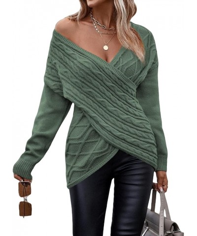 Womens Casual V Neck Long Sleeve Sweaters Cross Wrap Front Cable Knit Pullover Sweater Jumper Tops Green $21.95 Sweaters