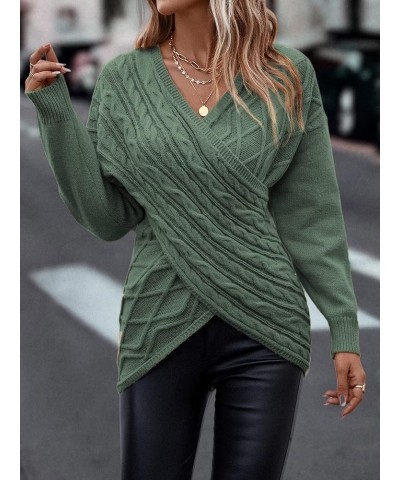 Womens Casual V Neck Long Sleeve Sweaters Cross Wrap Front Cable Knit Pullover Sweater Jumper Tops Green $21.95 Sweaters