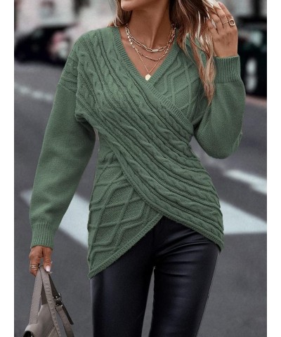 Womens Casual V Neck Long Sleeve Sweaters Cross Wrap Front Cable Knit Pullover Sweater Jumper Tops Green $21.95 Sweaters