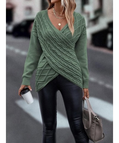 Womens Casual V Neck Long Sleeve Sweaters Cross Wrap Front Cable Knit Pullover Sweater Jumper Tops Green $21.95 Sweaters