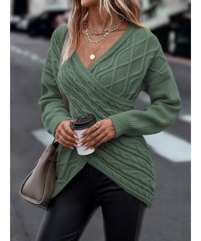 Womens Casual V Neck Long Sleeve Sweaters Cross Wrap Front Cable Knit Pullover Sweater Jumper Tops Green $21.95 Sweaters