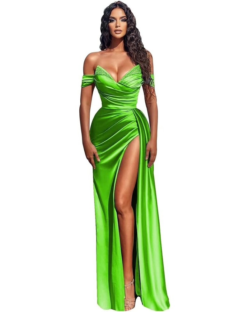 Women's Off Shoulder Long Prom Dresses Mermaid Beaded Satin High Slit Formal Evening Party Gowns Lime Green $41.86 Dresses