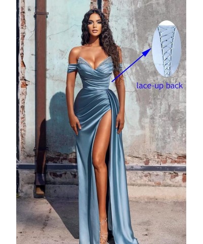 Women's Off Shoulder Long Prom Dresses Mermaid Beaded Satin High Slit Formal Evening Party Gowns Lime Green $41.86 Dresses