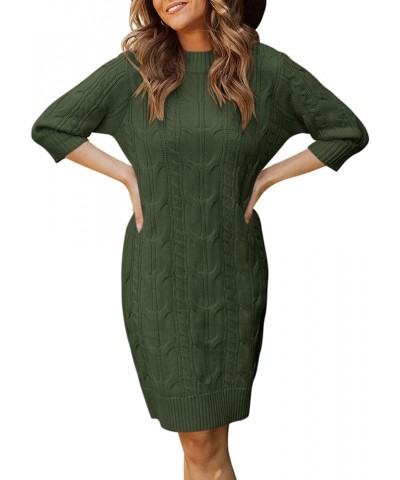 Womens 2023 Crewneck Sweater Dress Cable Knit 3/4 Sleeve Solid Color Long Pullover Mini Dress Army Green $16.19 Sweaters