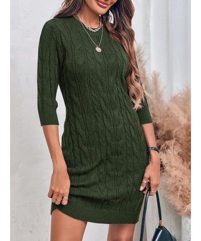 Womens 2023 Crewneck Sweater Dress Cable Knit 3/4 Sleeve Solid Color Long Pullover Mini Dress Army Green $16.19 Sweaters