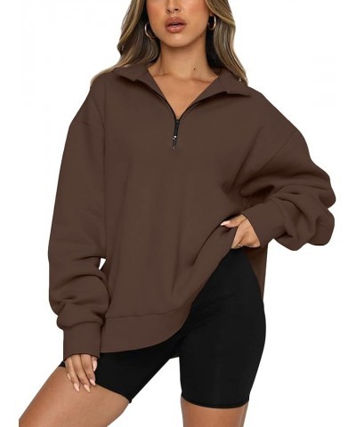 Womens 1/4 Zip Pullover Long Sleeve Sweatshirt Quarter Zip Hoodies Brown $19.37 Hoodies & Sweatshirts