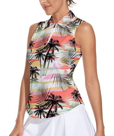 Womens Sleeveless Golf Shirt Moisture Wicking Athletic Golf Tank Top Printed Polo Tennis Shirts (XS-3XL) 2-coconut Tree Pink ...