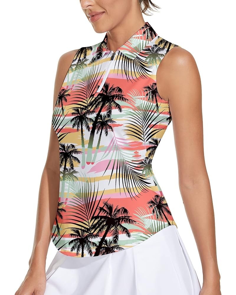 Womens Sleeveless Golf Shirt Moisture Wicking Athletic Golf Tank Top Printed Polo Tennis Shirts (XS-3XL) 2-coconut Tree Pink ...