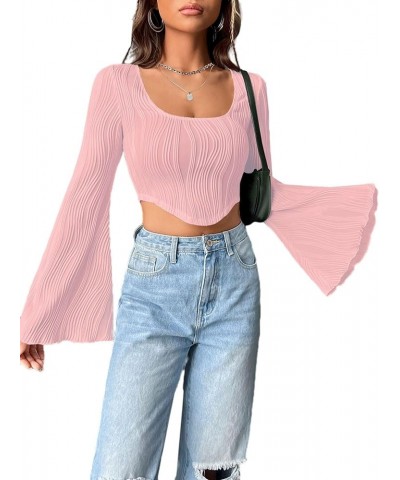 Women Bell Long Sleeve Square Neck Crop Top Asymmetrical Textured Shirts Light Pink $7.50 Tops