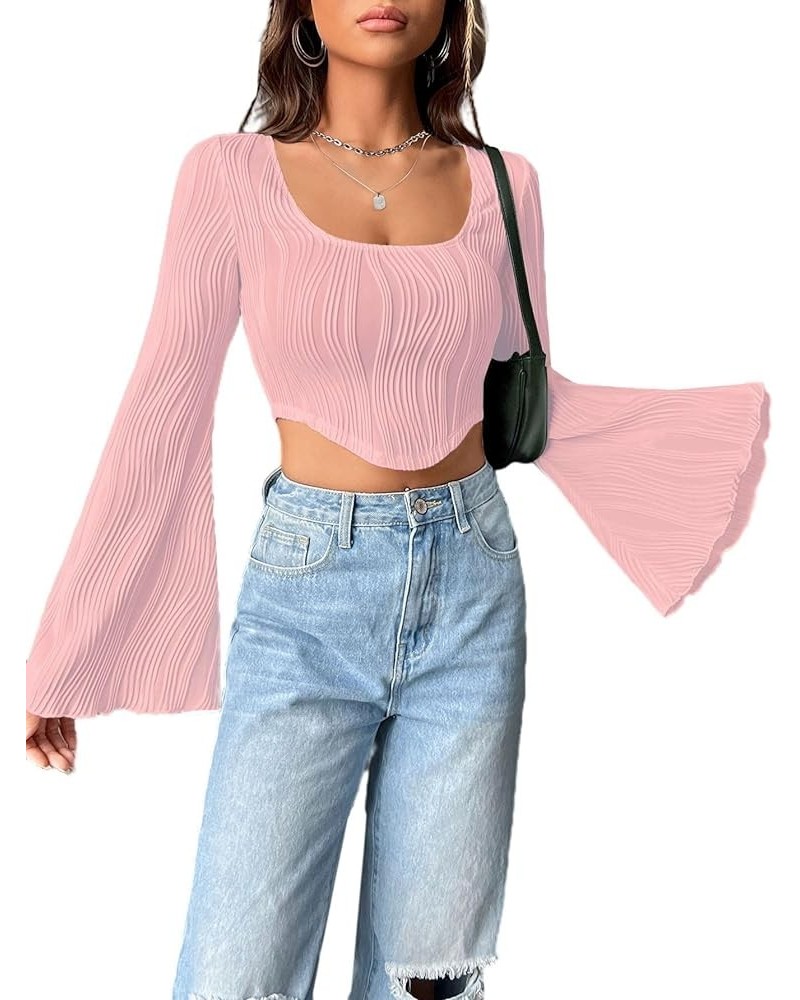 Women Bell Long Sleeve Square Neck Crop Top Asymmetrical Textured Shirts Light Pink $7.50 Tops