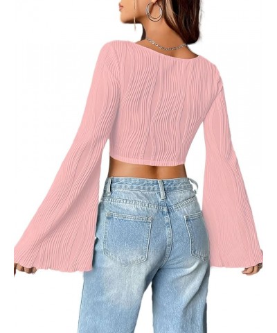 Women Bell Long Sleeve Square Neck Crop Top Asymmetrical Textured Shirts Light Pink $7.50 Tops