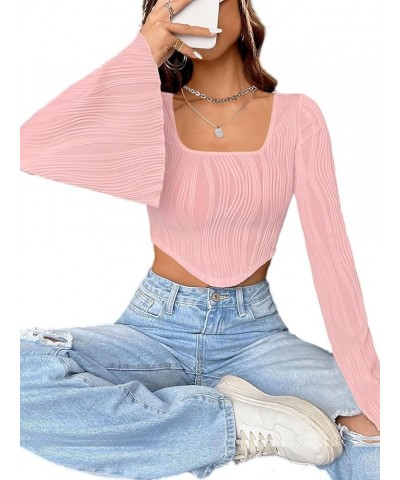 Women Bell Long Sleeve Square Neck Crop Top Asymmetrical Textured Shirts Light Pink $7.50 Tops