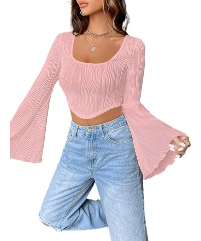 Women Bell Long Sleeve Square Neck Crop Top Asymmetrical Textured Shirts Light Pink $7.50 Tops