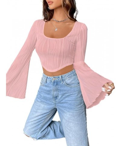 Women Bell Long Sleeve Square Neck Crop Top Asymmetrical Textured Shirts Light Pink $7.50 Tops