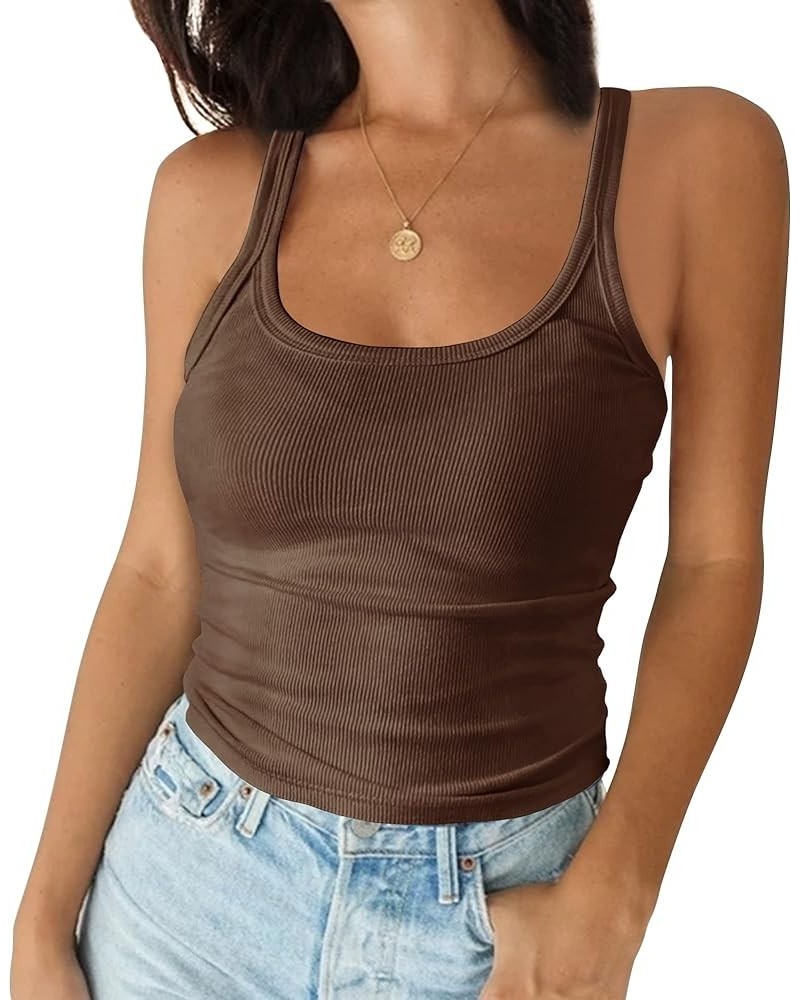 Women Casual Ribbed Tank Tops Scoop Neck Sleeveless Fitted Basic Cami Shirt Brown $12.00 Tanks