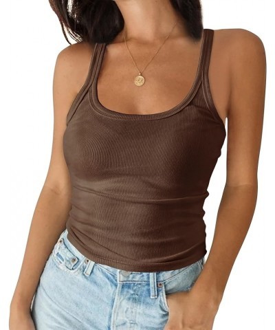 Women Casual Ribbed Tank Tops Scoop Neck Sleeveless Fitted Basic Cami Shirt Brown $12.00 Tanks