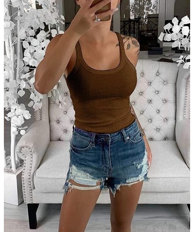 Women Casual Ribbed Tank Tops Scoop Neck Sleeveless Fitted Basic Cami Shirt Brown $12.00 Tanks