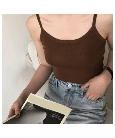 Women Casual Ribbed Tank Tops Scoop Neck Sleeveless Fitted Basic Cami Shirt Brown $12.00 Tanks