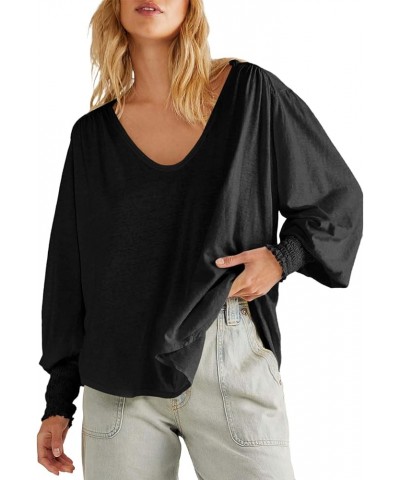 Womens Tunics Tops V Neck High Low Asymmetrical Long Sleeve Shirts Casual Loose Fit Tees Blouses Black $18.28 Tops
