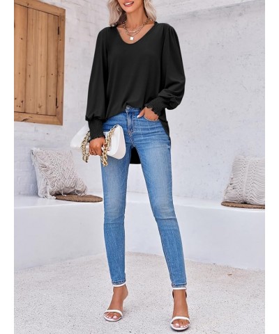 Womens Tunics Tops V Neck High Low Asymmetrical Long Sleeve Shirts Casual Loose Fit Tees Blouses Black $18.28 Tops