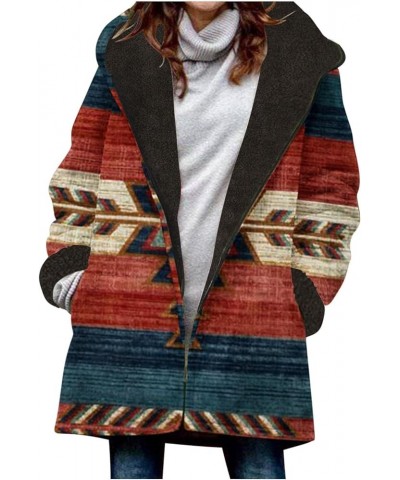 Women Sherpa Fuzzy Lined Hooded Coats Western Aztec Graphic Winter Jacket Coat Fashion Faux Fur Outerwear 010 Blue $18.21 Coats