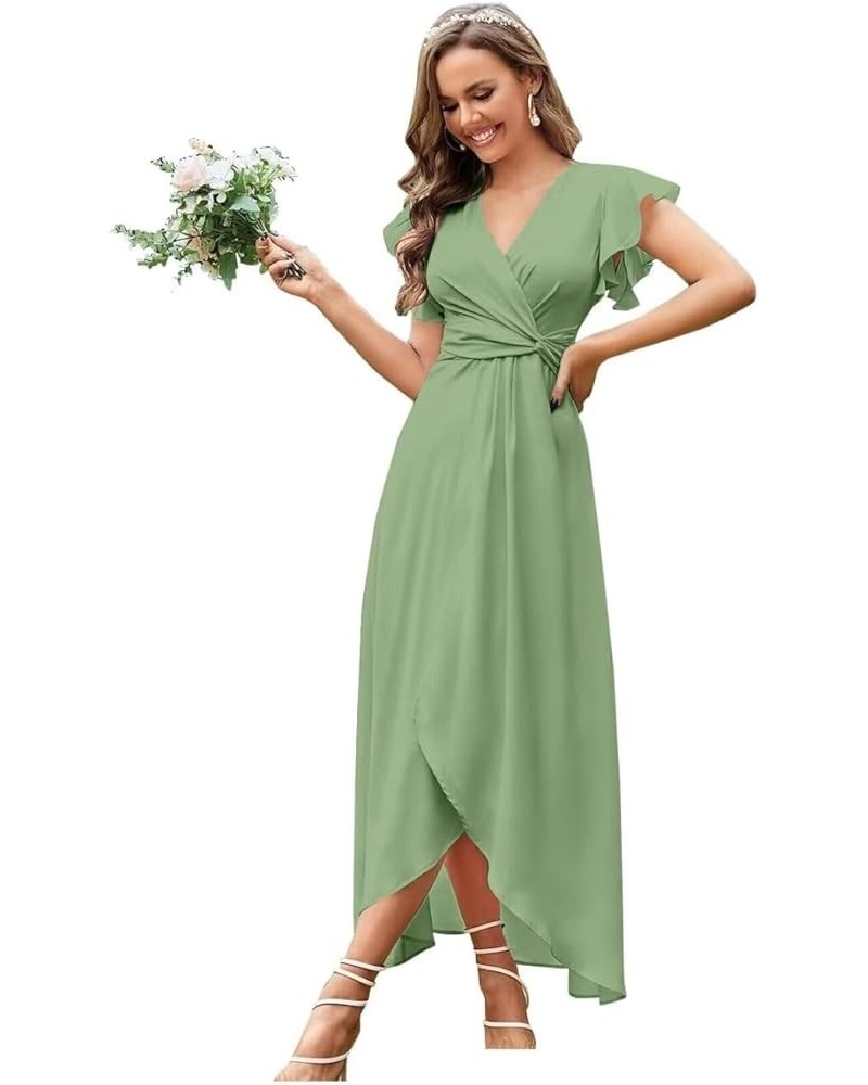 Flutter Sleeve Bridesmaid Dresses for Wedding Tea Length Chiffon Split Formal Dress with Pockets Sage Green $29.69 Dresses