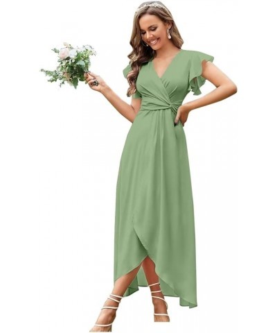 Flutter Sleeve Bridesmaid Dresses for Wedding Tea Length Chiffon Split Formal Dress with Pockets Sage Green $29.69 Dresses