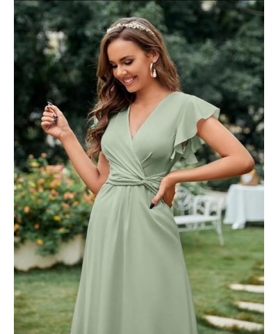 Flutter Sleeve Bridesmaid Dresses for Wedding Tea Length Chiffon Split Formal Dress with Pockets Sage Green $29.69 Dresses