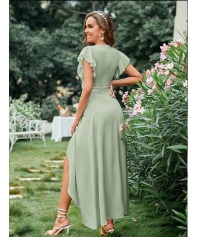 Flutter Sleeve Bridesmaid Dresses for Wedding Tea Length Chiffon Split Formal Dress with Pockets Sage Green $29.69 Dresses