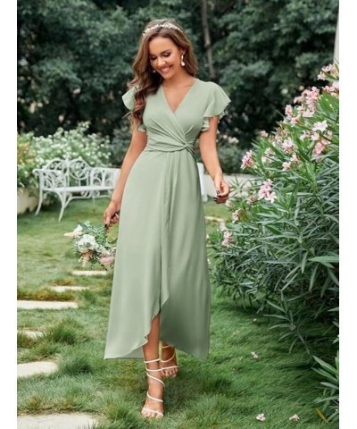 Flutter Sleeve Bridesmaid Dresses for Wedding Tea Length Chiffon Split Formal Dress with Pockets Sage Green $29.69 Dresses