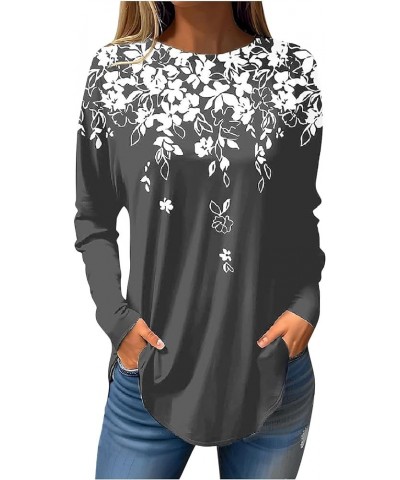 Womens Long Sleeve Tops Casual Spring Fall Print Blouses Plus Size Loose T-Shirts Lightweight Round Neck Tunic Tops 02-dark G...