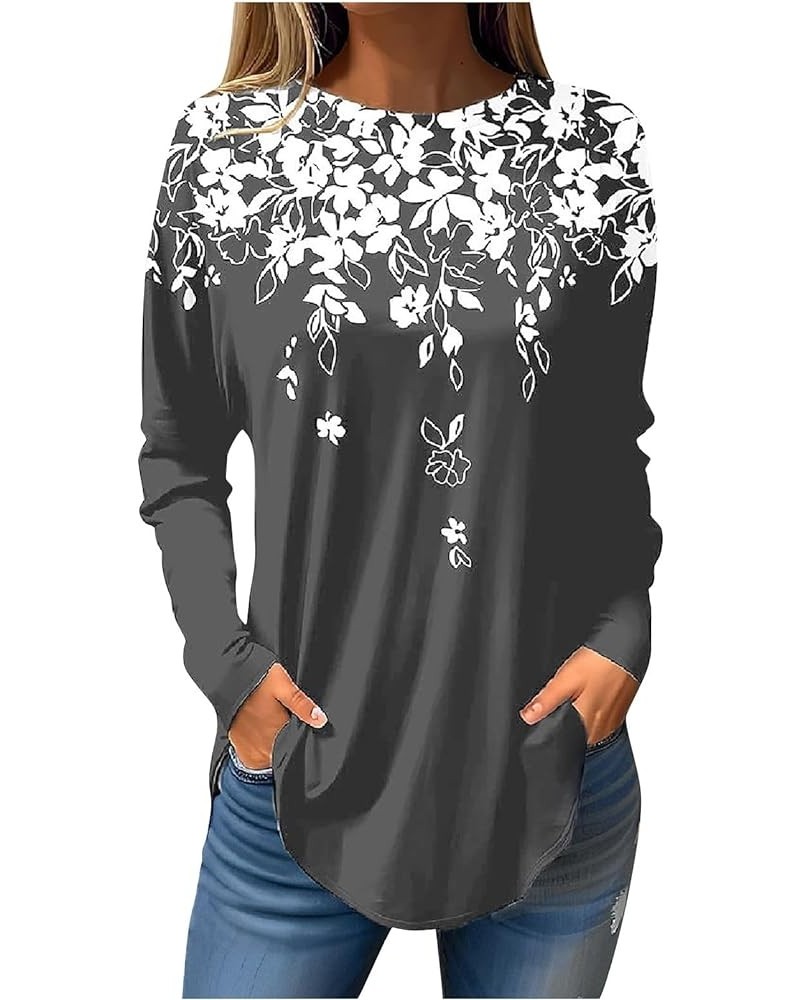 Womens Long Sleeve Tops Casual Spring Fall Print Blouses Plus Size Loose T-Shirts Lightweight Round Neck Tunic Tops 02-dark G...