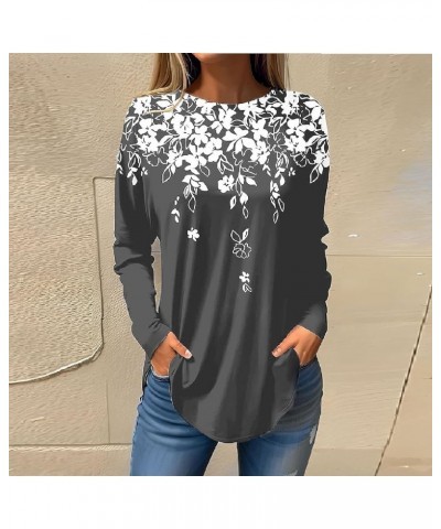 Womens Long Sleeve Tops Casual Spring Fall Print Blouses Plus Size Loose T-Shirts Lightweight Round Neck Tunic Tops 02-dark G...